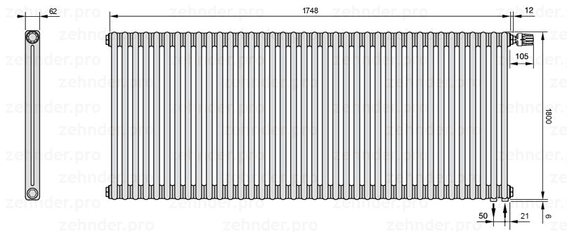 Схема (чертеж) Радиатор Zehnder Charleston 2180/38 №V002 Technoline TL